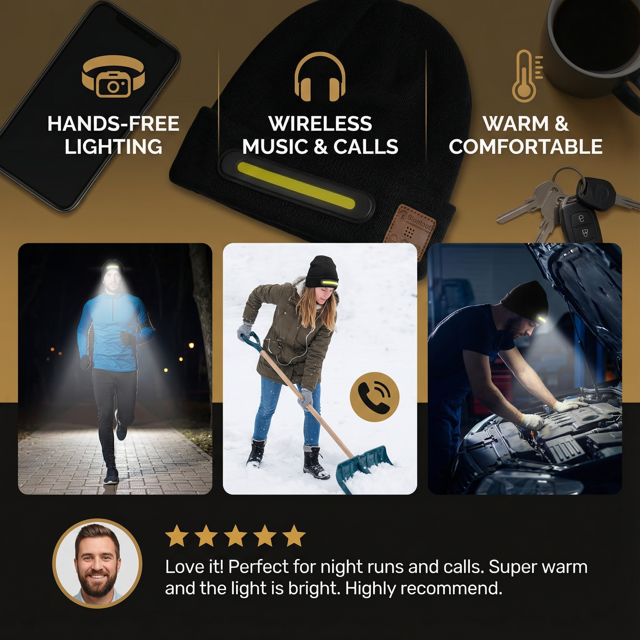 Warm Hat with Integrated Bluetooth Headphones and LED light strip