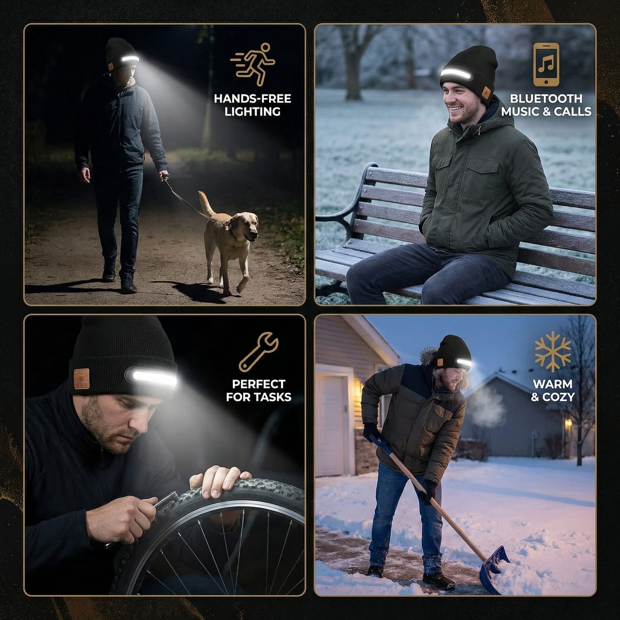 Warm Hat with Integrated Bluetooth Headphones and LED light strip