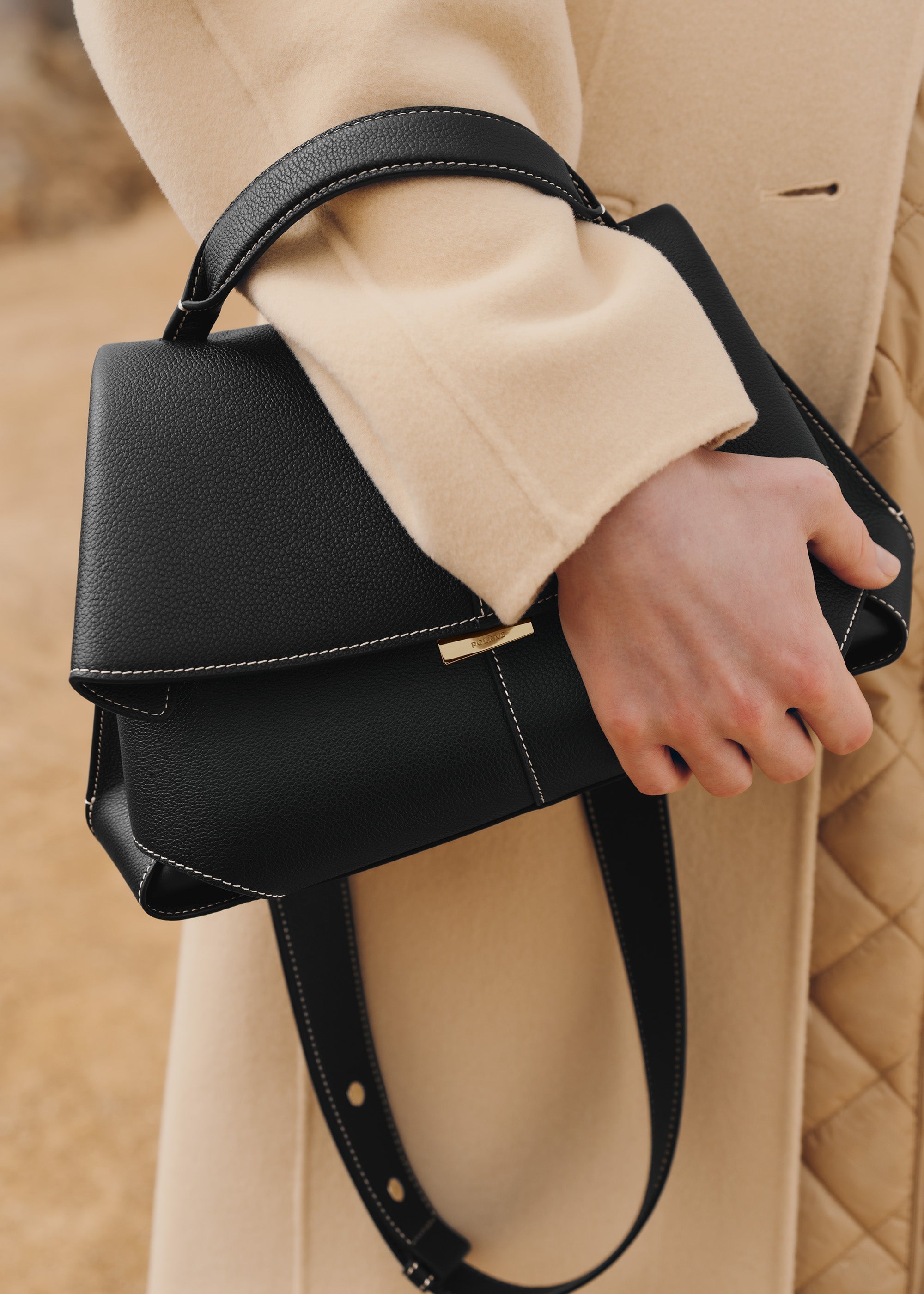 Mokki - Textured Black with Ecru Stitching