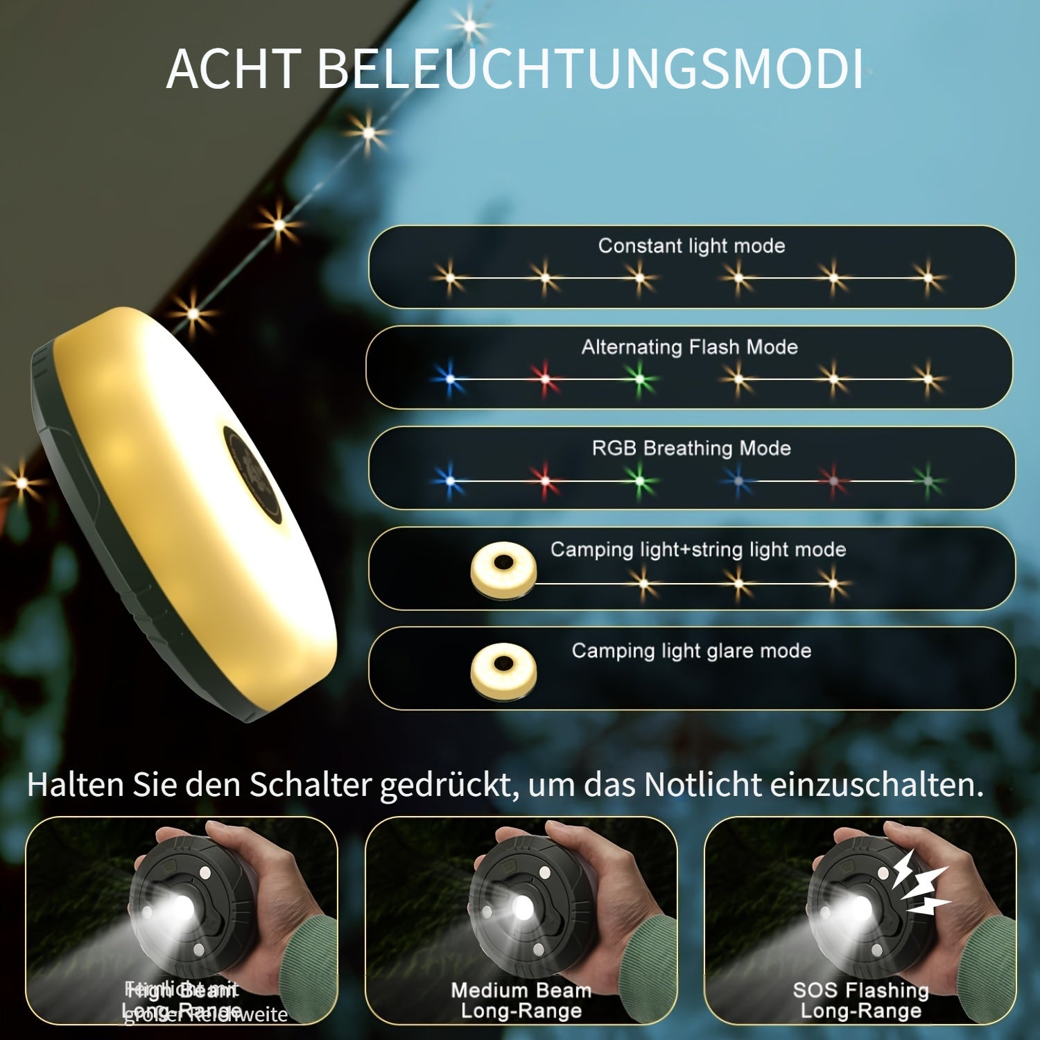 LED Campinglampe mit Lichterkette RGB wiederaufladbar