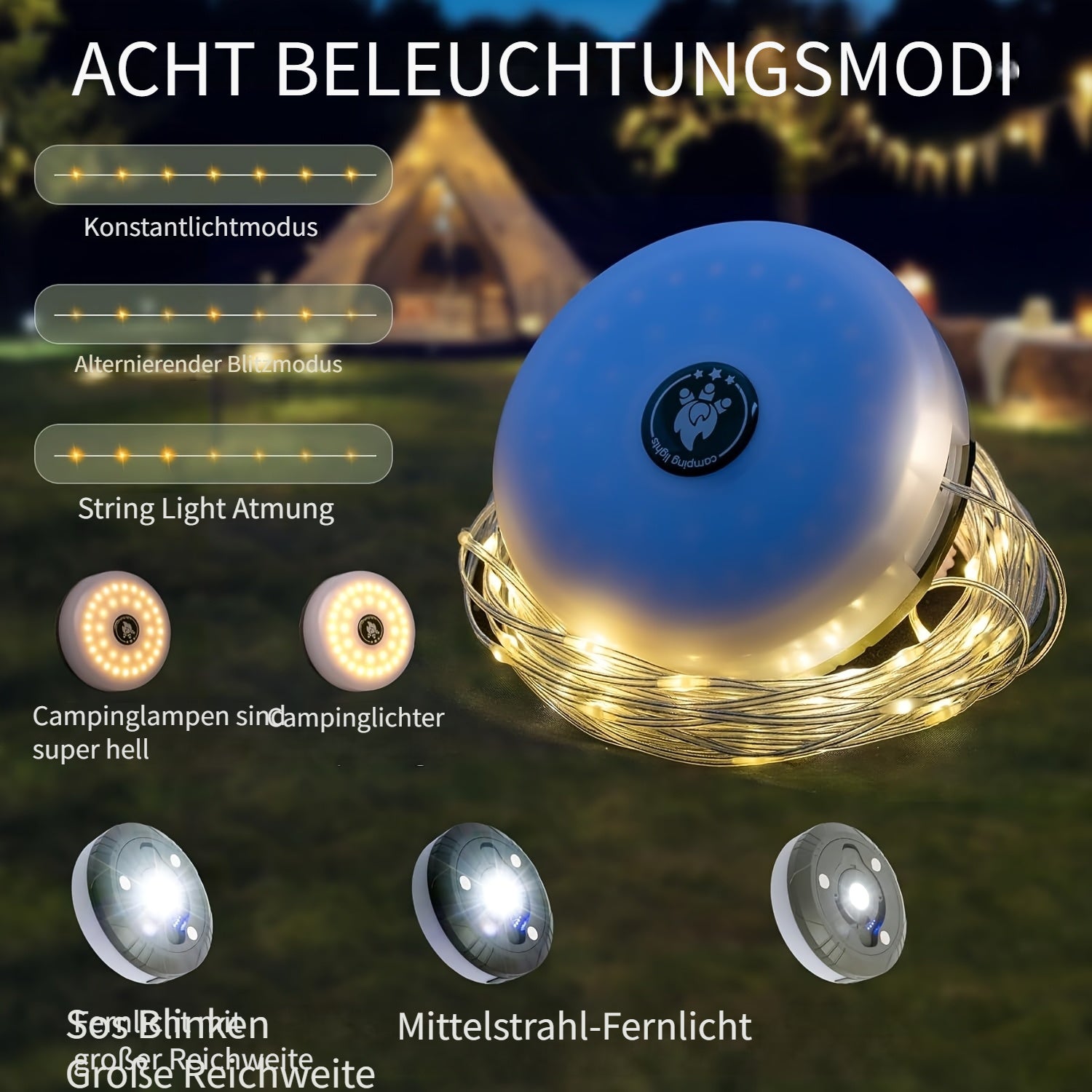 LED Campinglampe mit Lichterkette RGB wiederaufladbar