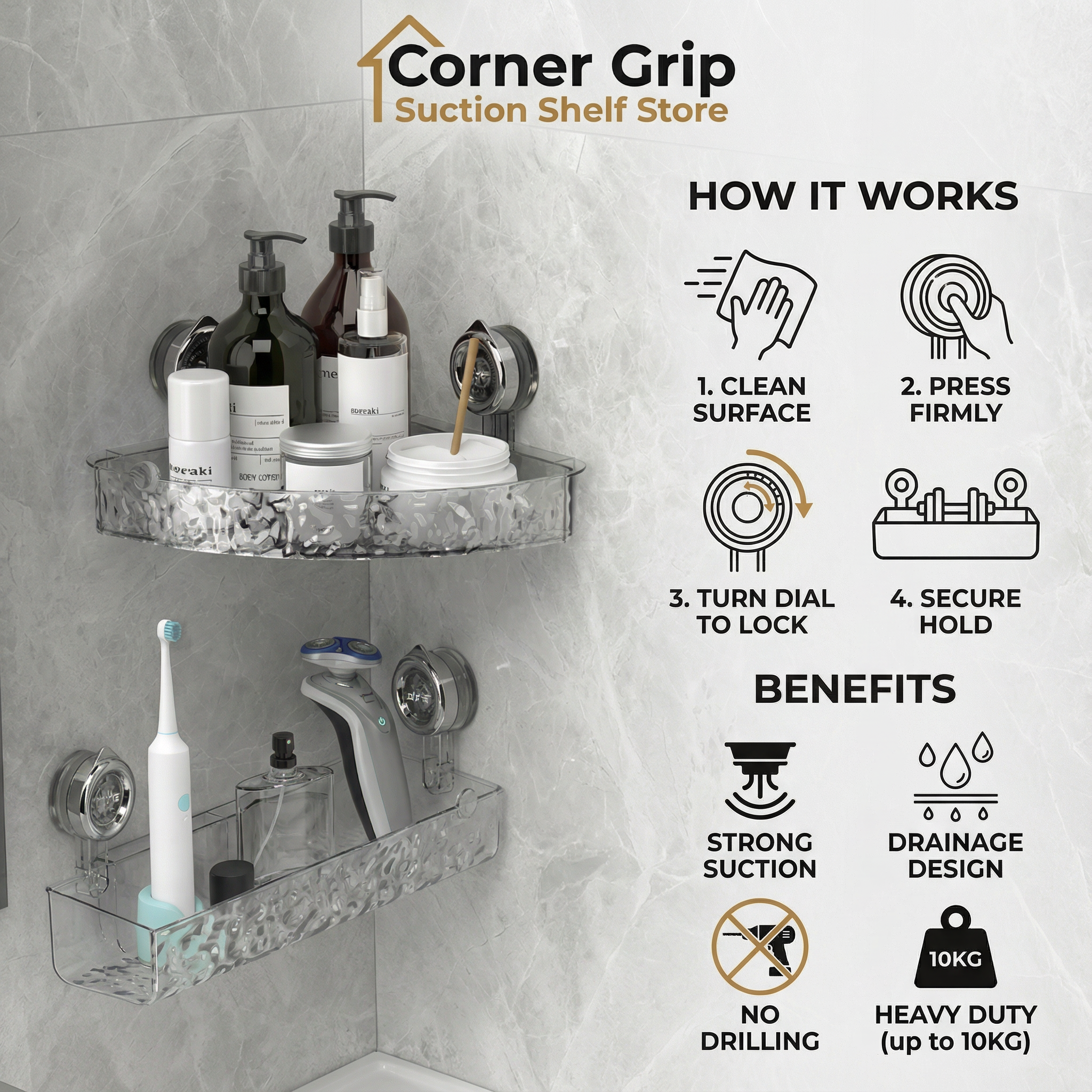 Corner Grip Suction Shelf
