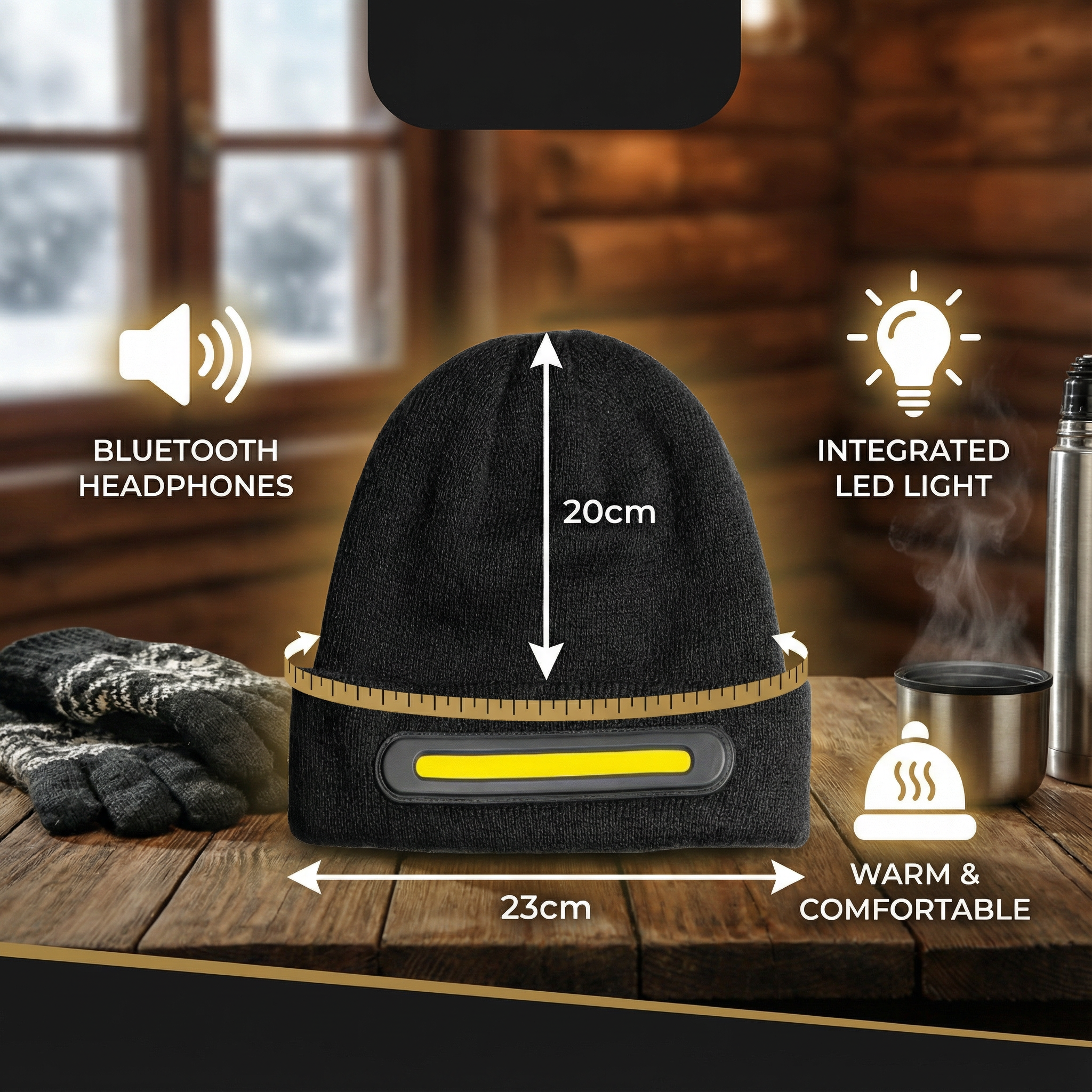 Warm Hat with Integrated Bluetooth Headphones and LED light strip